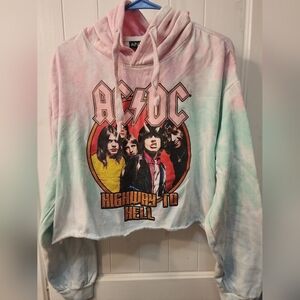 AC/DC pink, greennand blue tie dye cropped pullover hoodie. Size L